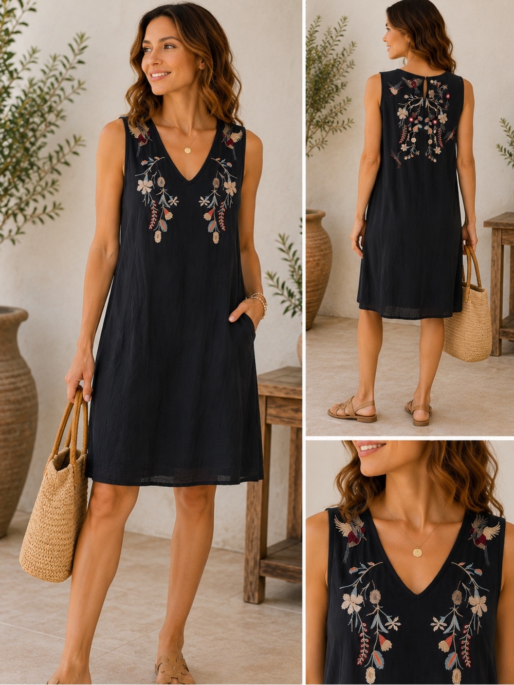 UmGee Artsy Embroidered Bird Floral Swing Dress Boho Cotton Blend Size Large